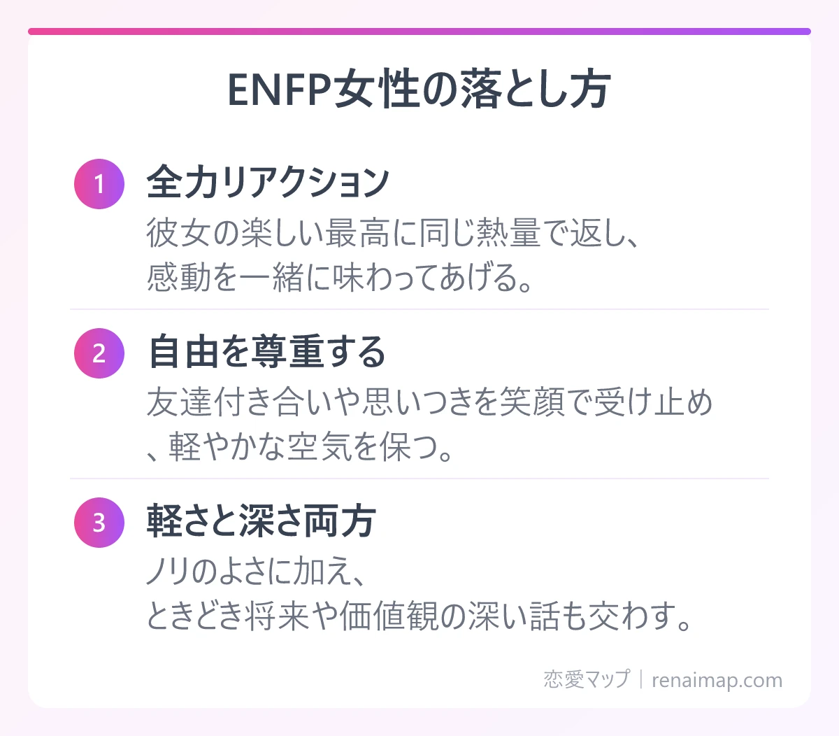 ENFP女性の落とし方（全力リアクション、自由を尊重する、軽さと深さ両方）の図解
