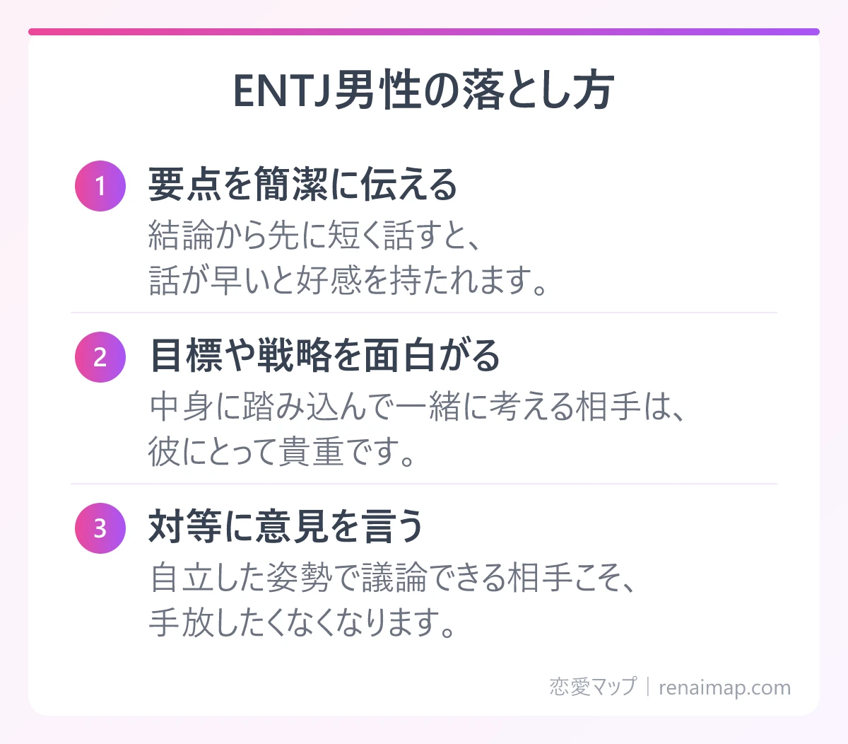 ENTJ男性の落とし方（要点を簡潔に伝える、目標や戦略を面白がる、対等に意見を言う）の図解