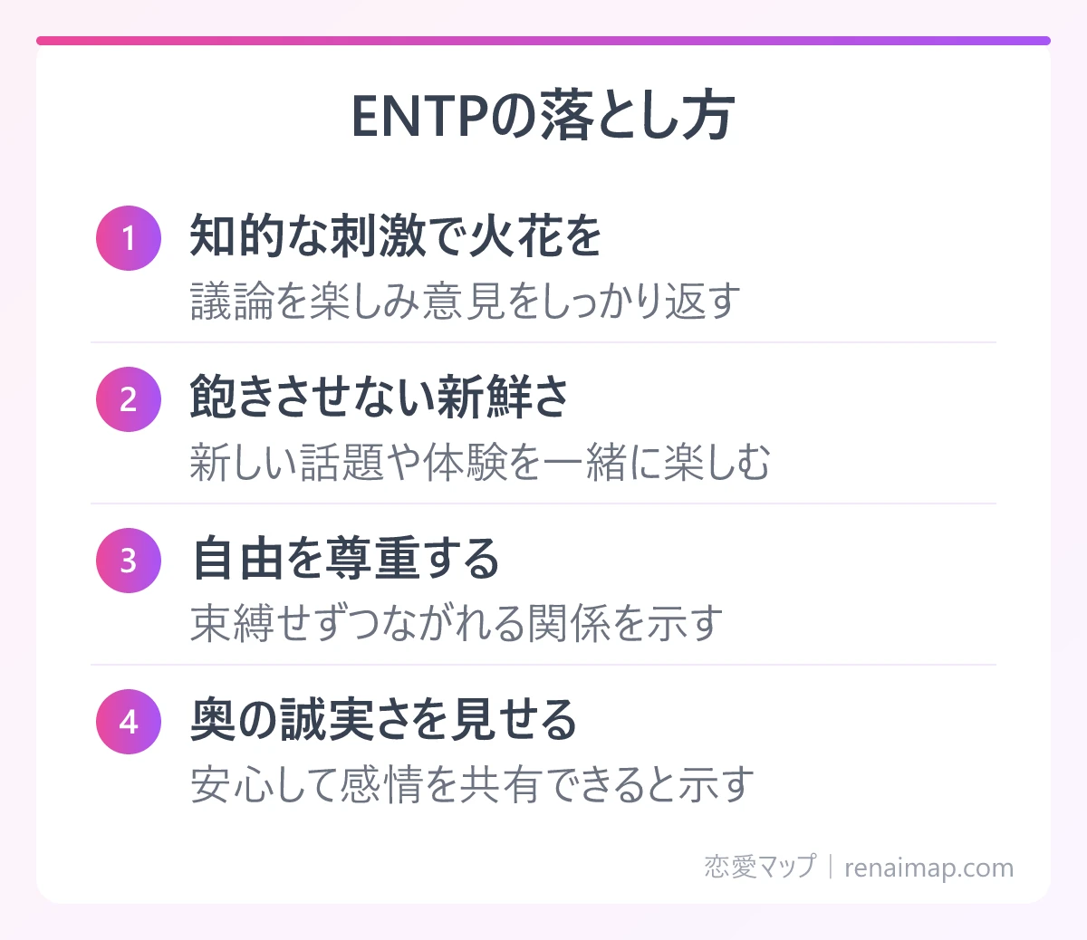 ENTPの落とし方(知的な刺激で火花を、飽きさせない新鮮さ、自由を尊重する、奥の誠実さを見せる)の図解