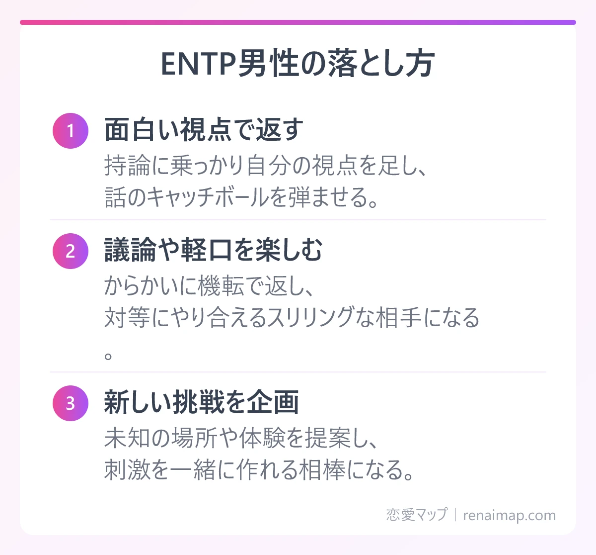 ENTP男性の落とし方（面白い視点で返す、議論や軽口を楽しむ、新しい挑戦を企画）の図解