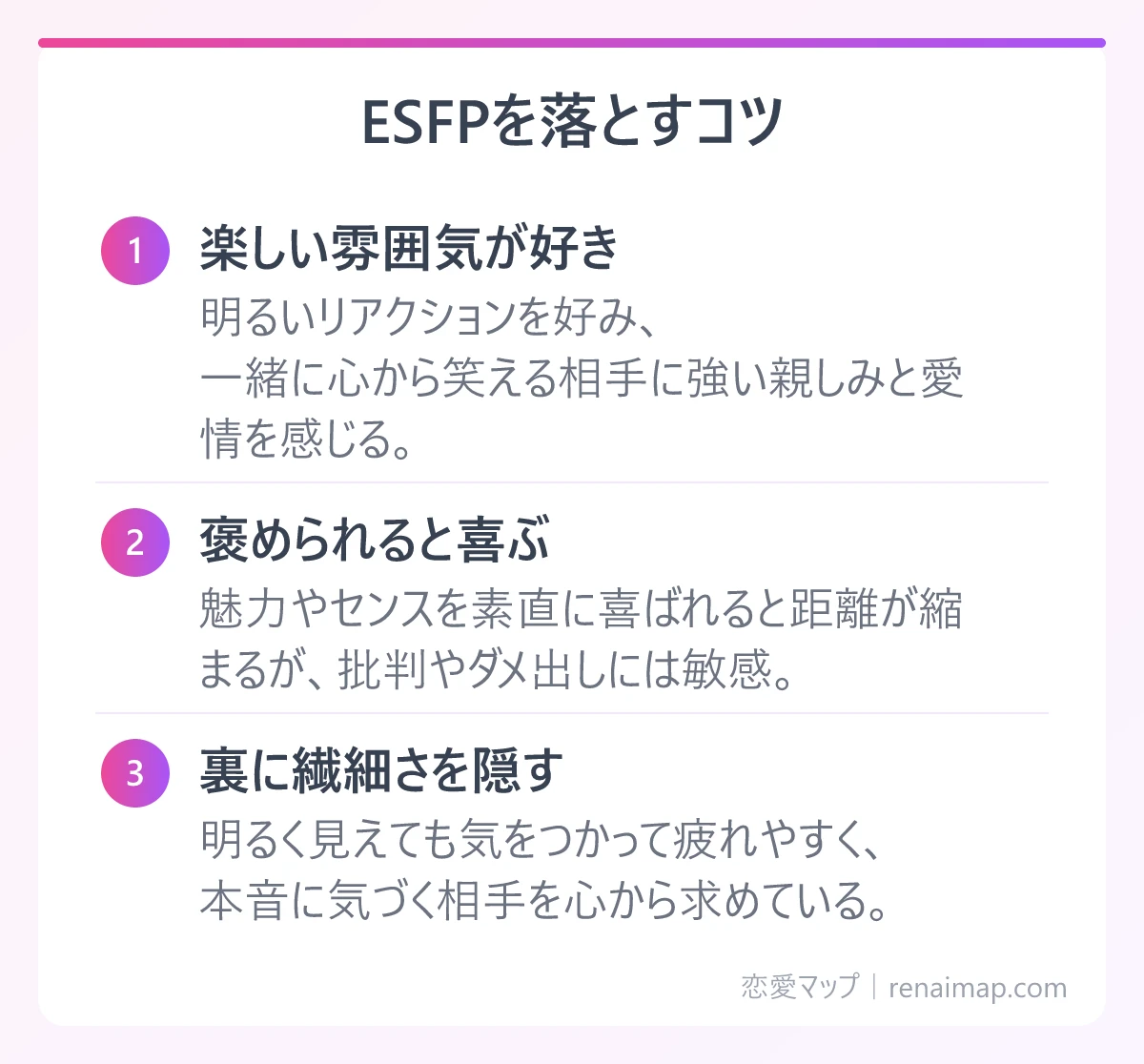 ESFPを落とすコツ(楽しい雰囲気が好き、褒められると喜ぶ、裏に繊細さを隠す)の図解