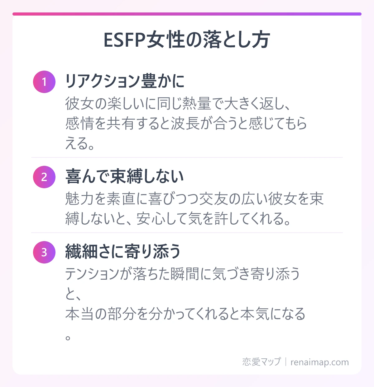 ESFP女性の落とし方(リアクション豊かに、喜んで束縛しない、繊細さに寄り添う)の図解