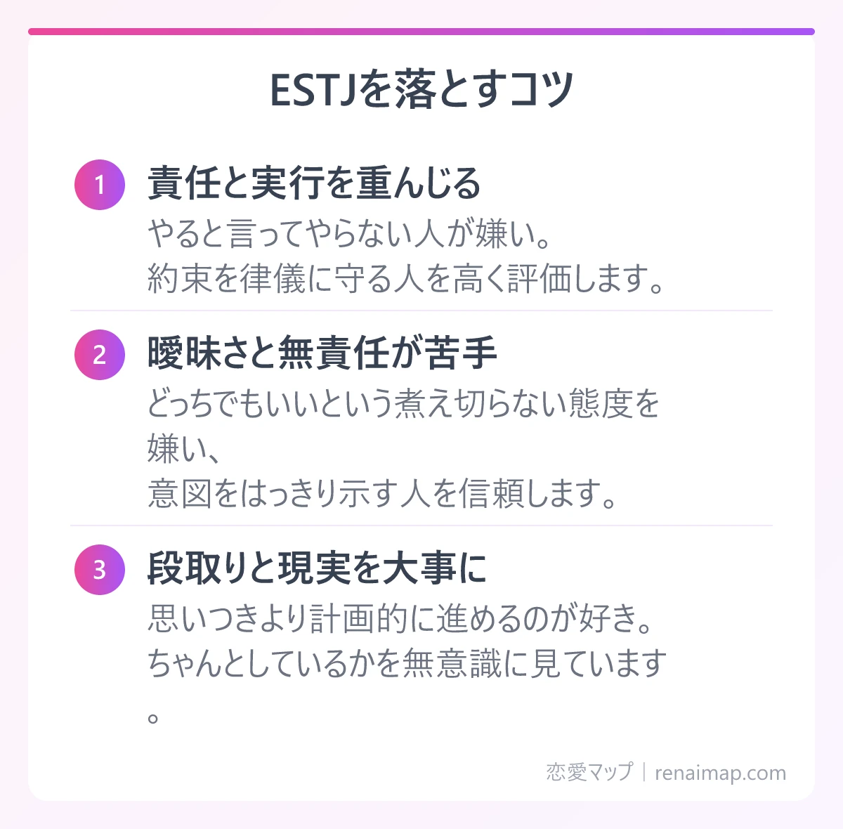 ESTJを落とすコツ(責任と実行を重んじる、曖昧さと無責任が苦手、段取りと現実を大事に)の図解