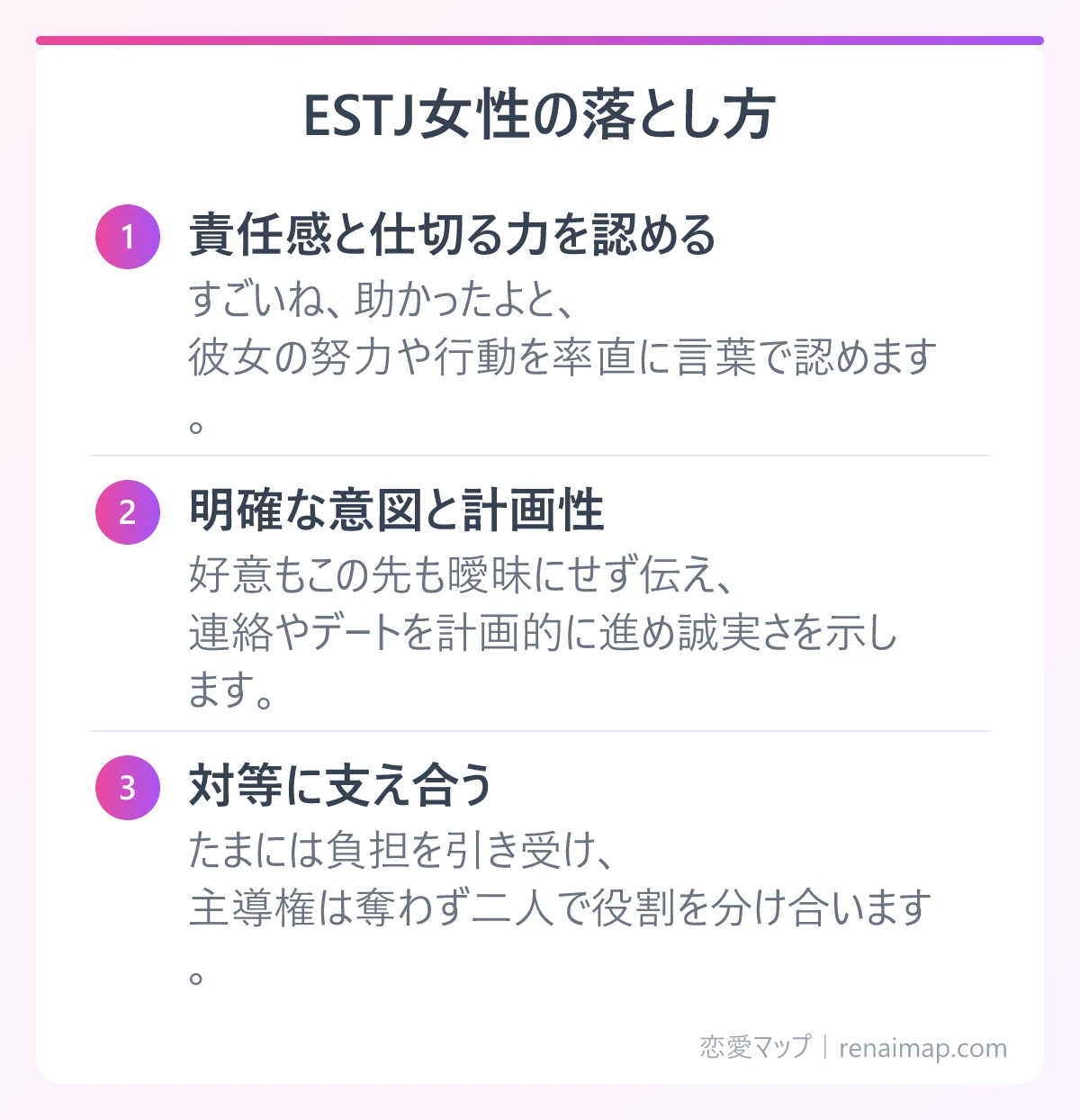 ESTJ女性の落とし方(責任感と仕切る力を認める、明確な意図と計画性、対等に支え合う)の図解