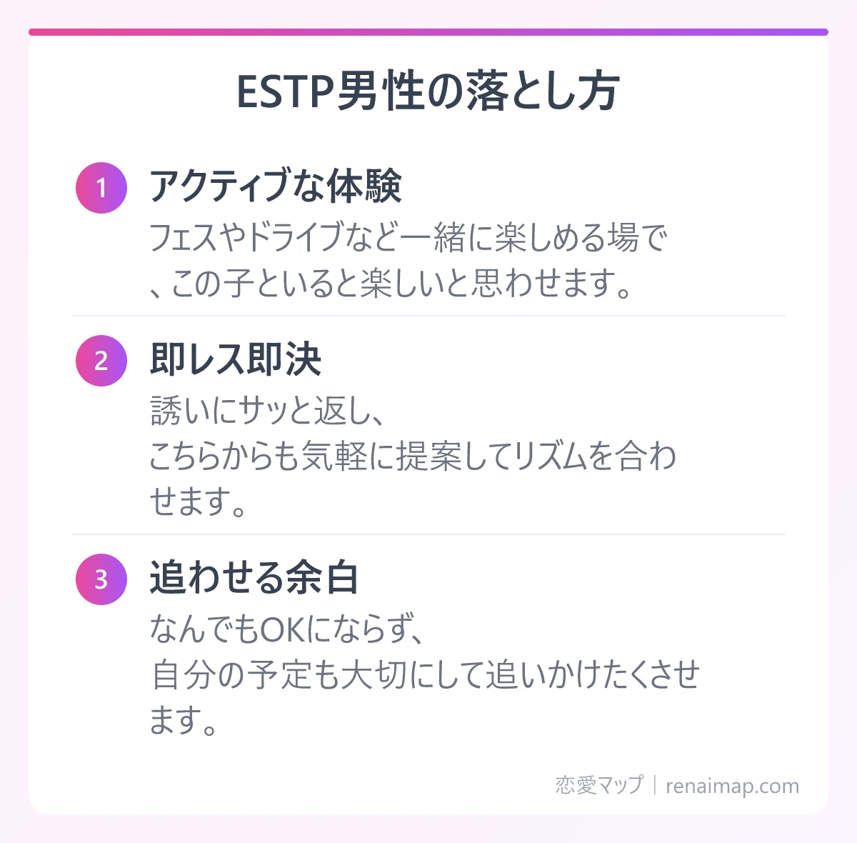 ESTP男性の落とし方(アクティブな体験、即レス即決、追わせる余白)の図解