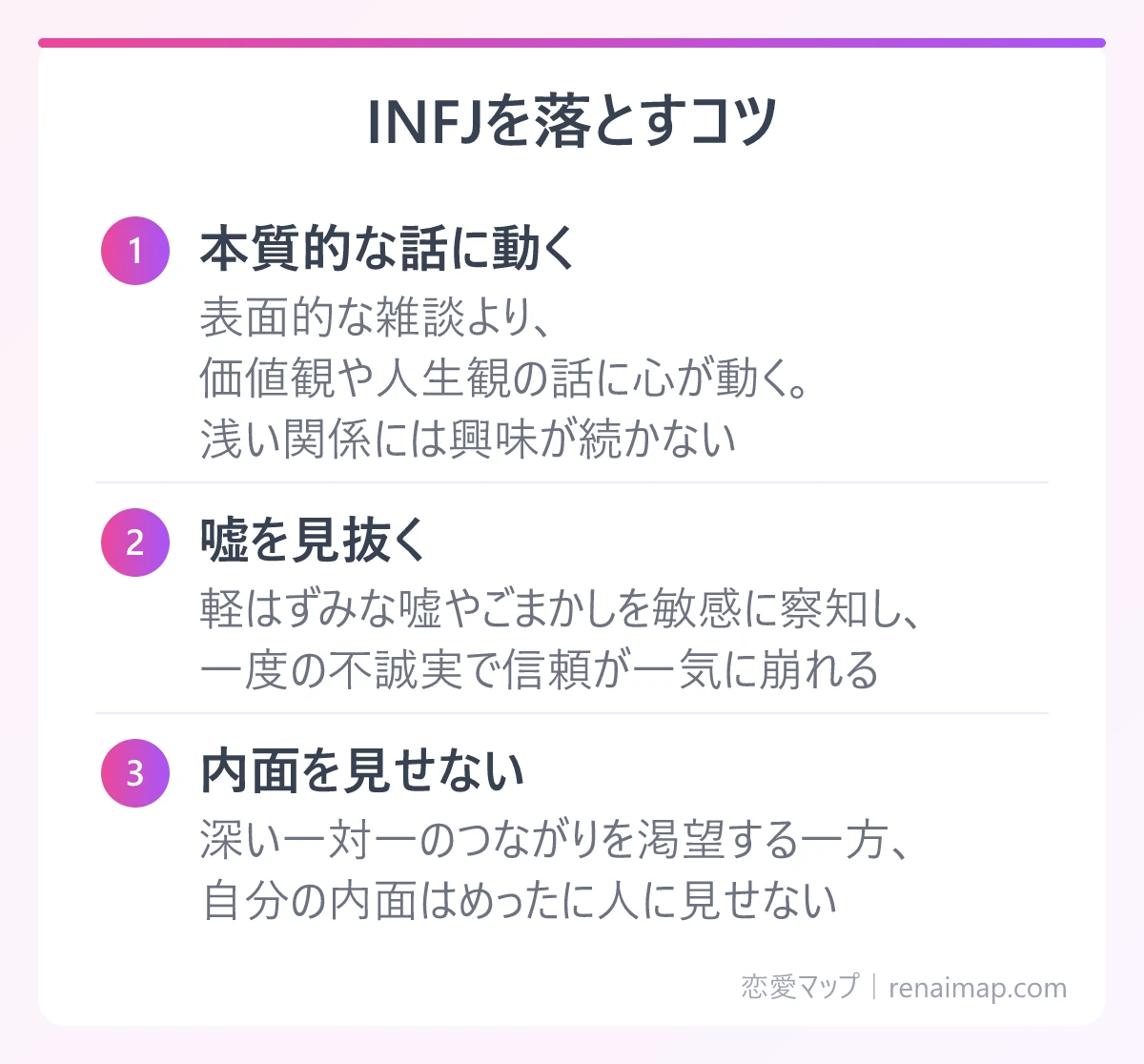 INFJを落とすコツ（本質的な話に動く、嘘を見抜く、内面を見せない）の図解