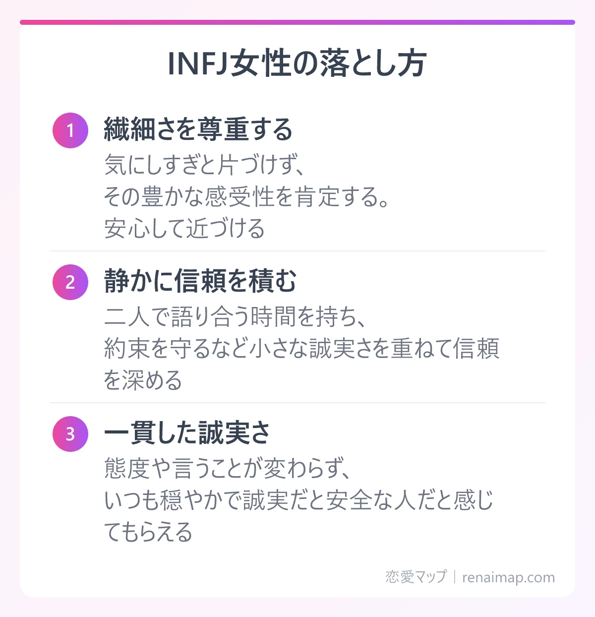 INFJ女性の落とし方（繊細さを尊重する、静かに信頼を積む、一貫した誠実さ）の図解