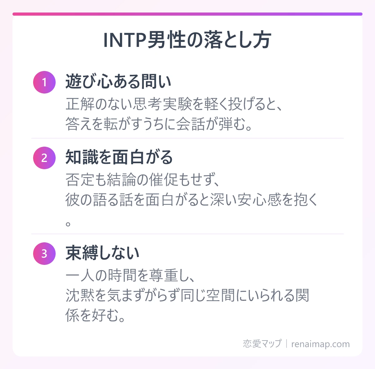 INTP男性の落とし方(遊び心ある問い、知識を面白がる、束縛しない)の図解
