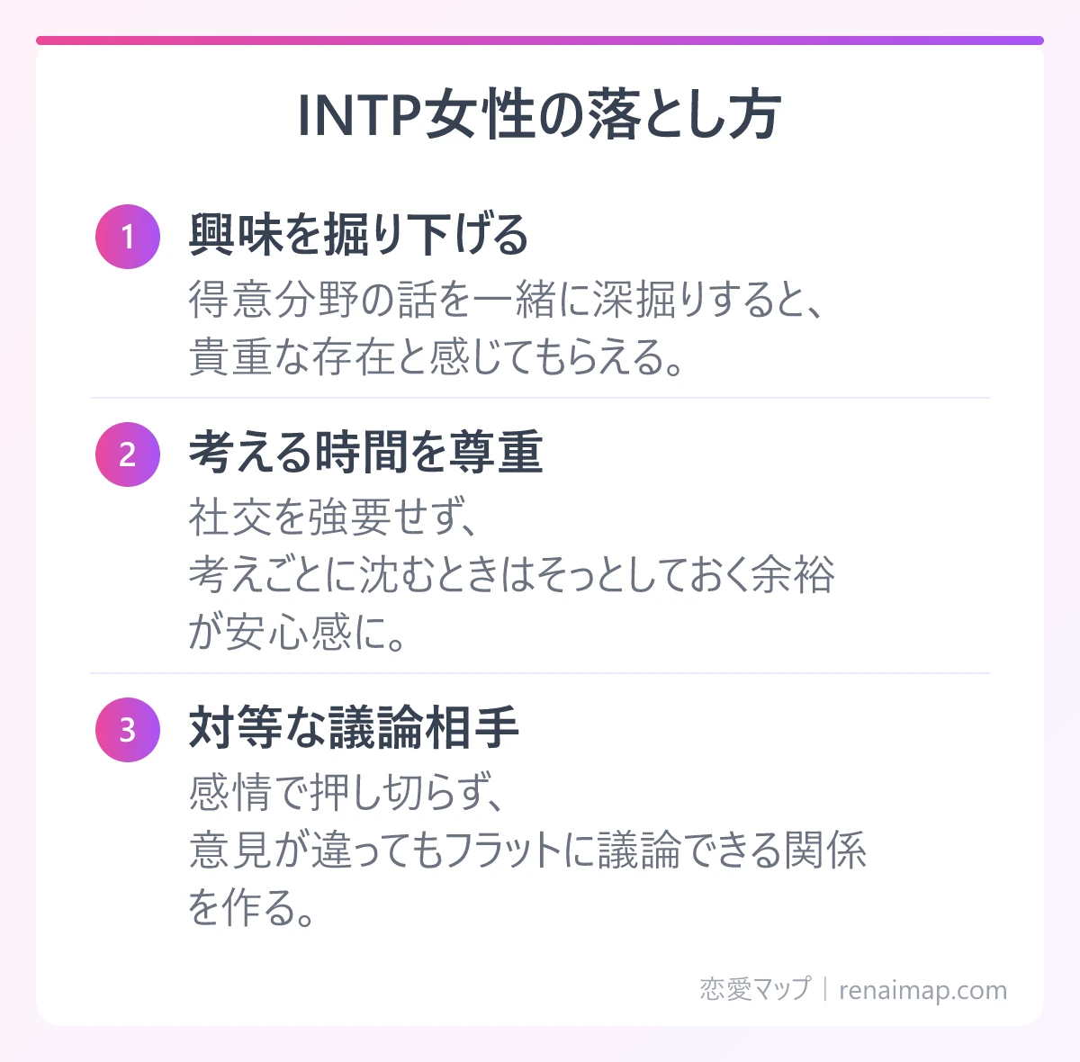 INTP女性の落とし方(興味を掘り下げる、考える時間を尊重、対等な議論相手)の図解
