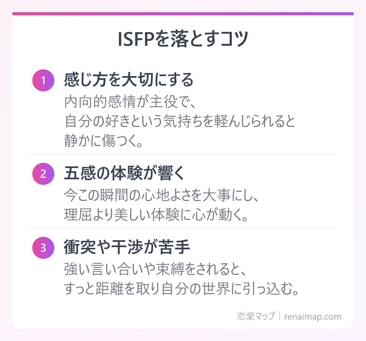 ISFPを落とすコツ（感じ方を大切にする、五感の体験が響く、衝突や干渉が苦手）の図解