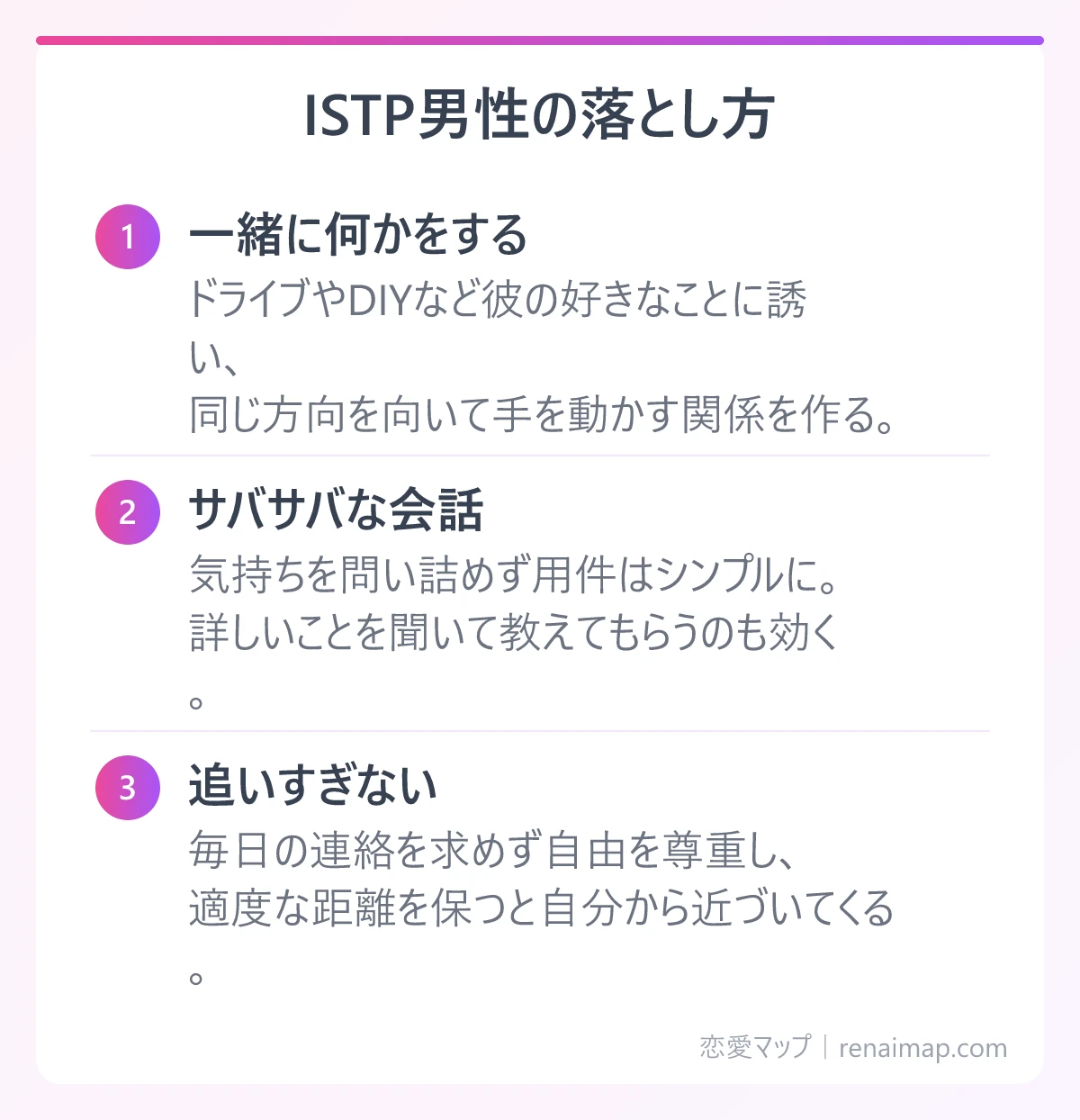ISTP男性の落とし方(一緒に何かをする、サバサバな会話、追いすぎない)の図解
