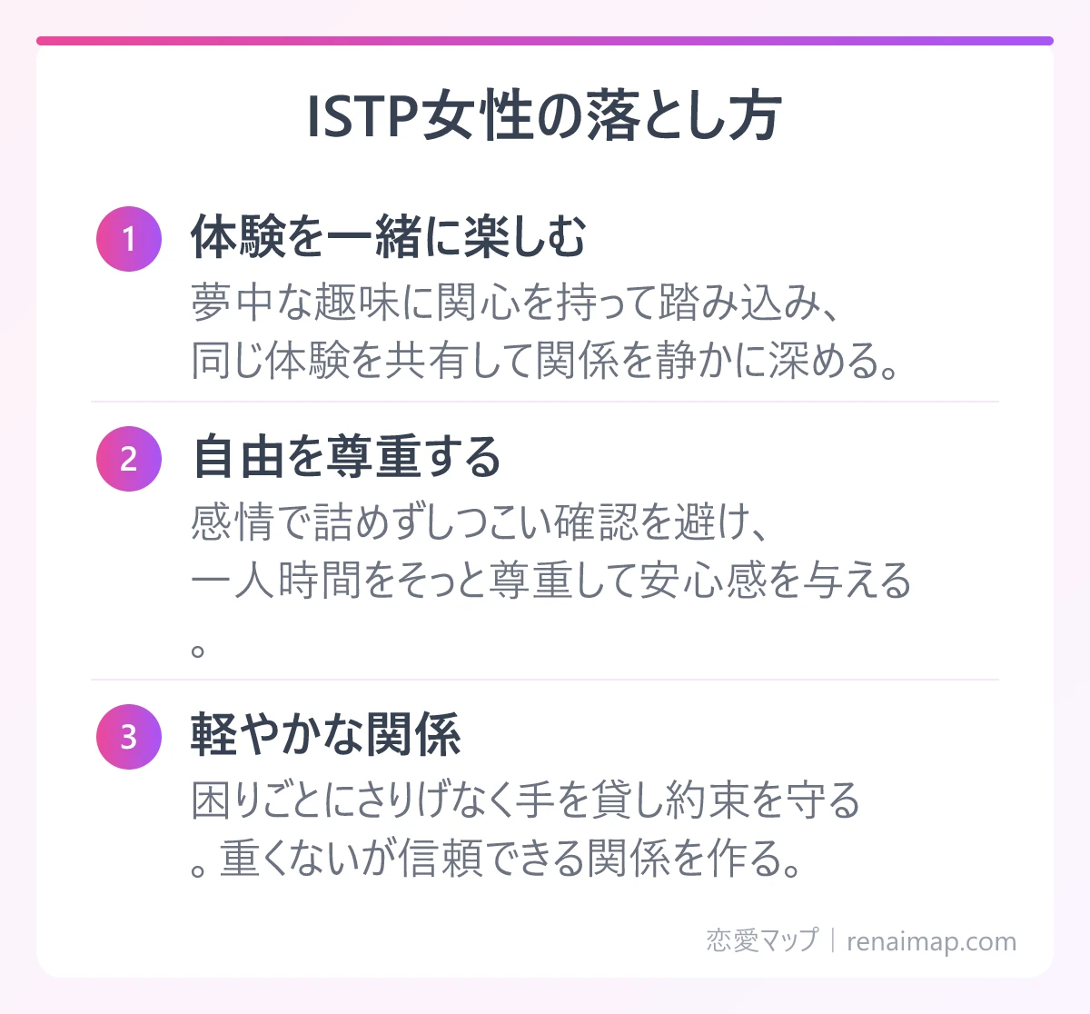 ISTP女性の落とし方(体験を一緒に楽しむ、自由を尊重する、軽やかな関係)の図解