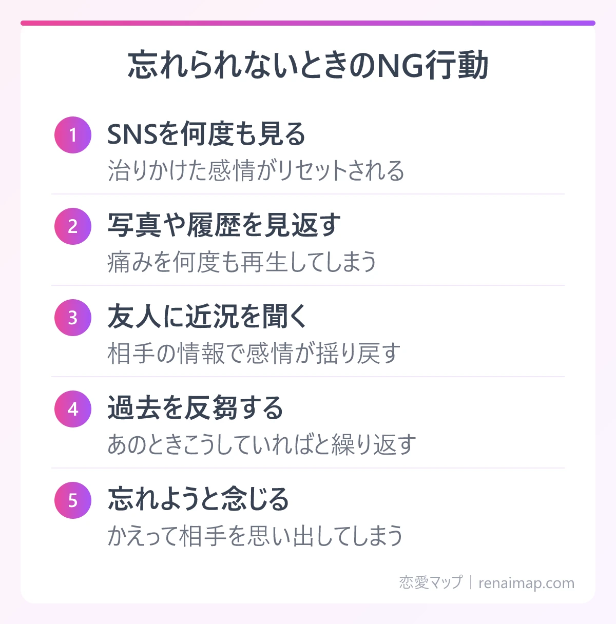 忘れられないときのNG行動(SNSを何度も見る、写真や履歴を見返す、友人に近況を聞く、過去を反芻する、忘れようと念じる)の図解