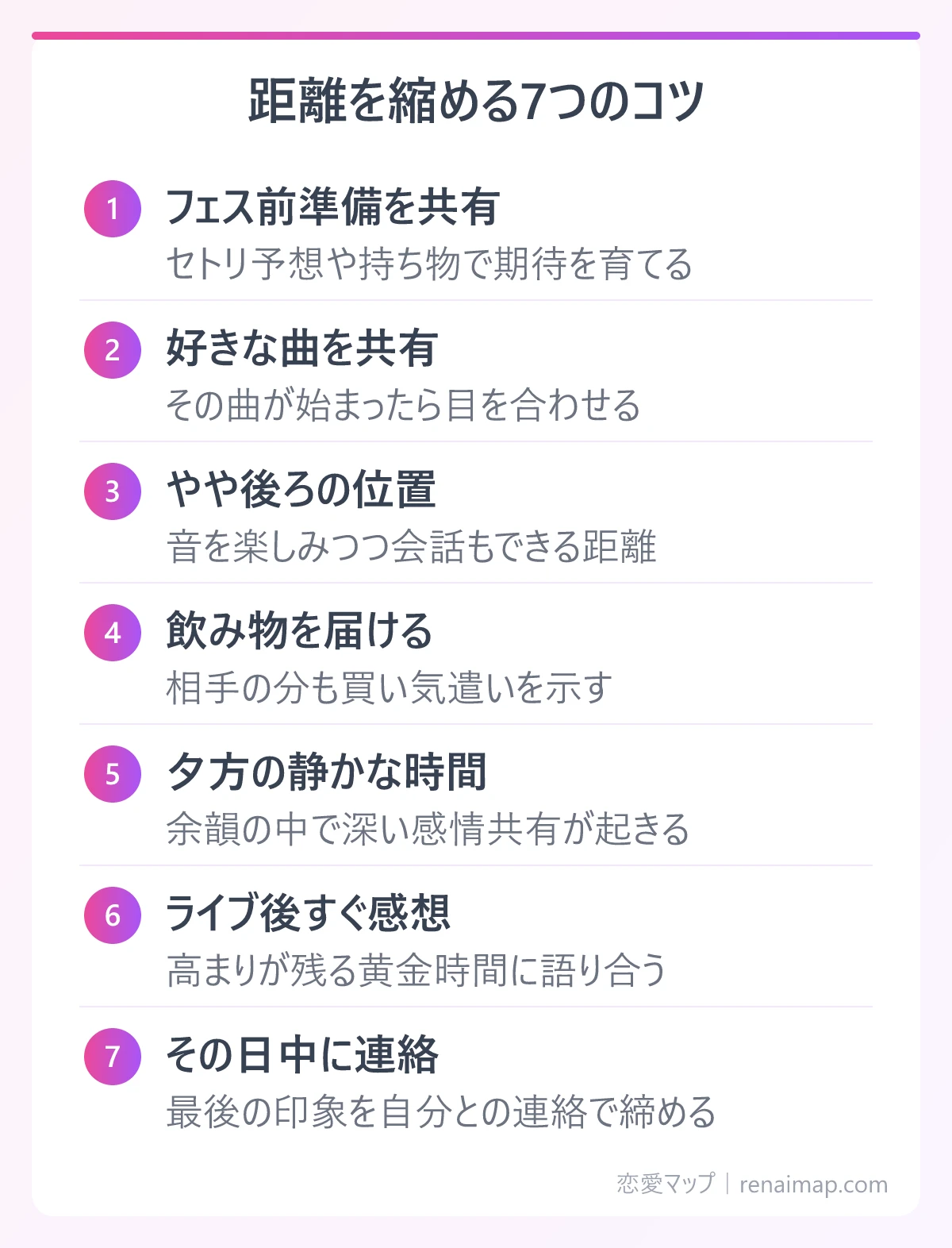 距離を縮める7つのコツ(フェス前準備を共有、好きな曲を共有、やや後ろの位置、飲み物を届ける、夕方の静かな時間、ライブ後すぐ感想、その日中に連絡)の図解