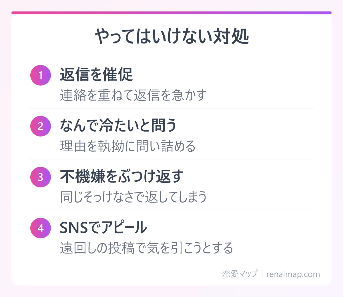 やってはいけない対処(返信を催促、なんで冷たいと問う、不機嫌をぶつけ返す、SNSでアピール)の図解