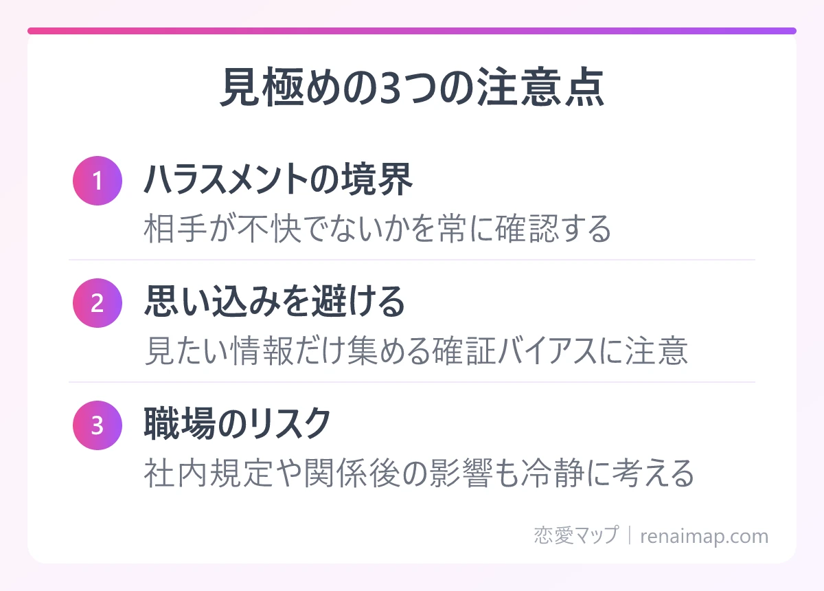 見極めの3つの注意点(ハラスメントの境界、思い込みを避ける、職場のリスク)の図解